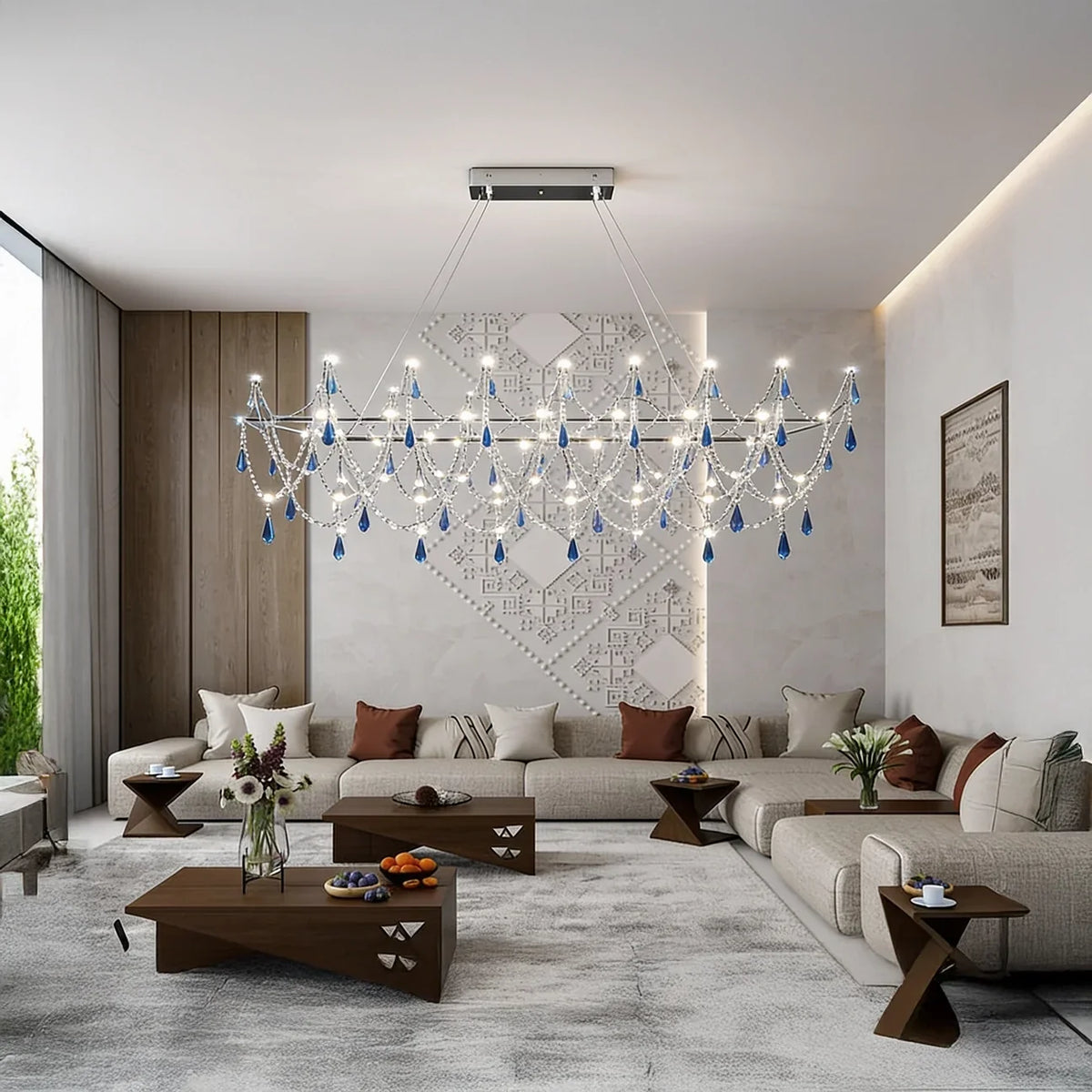 Lustre Cristal Cascade Saphir, structure chrome
