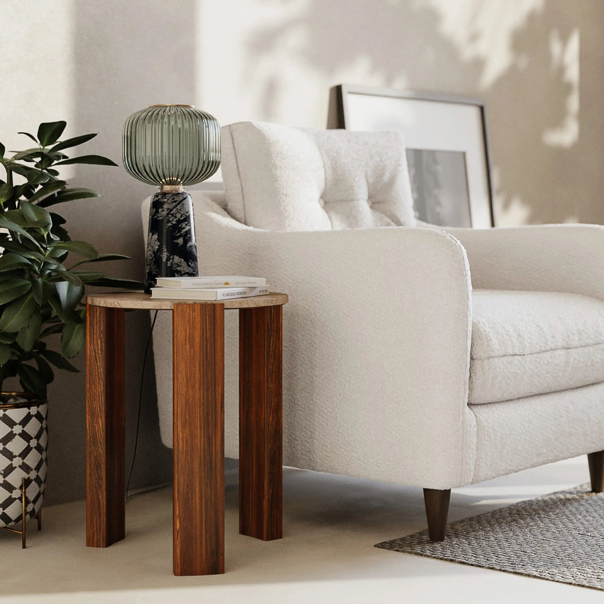 Table d'Appoint Ilona — Travertin Naturel & Noyer