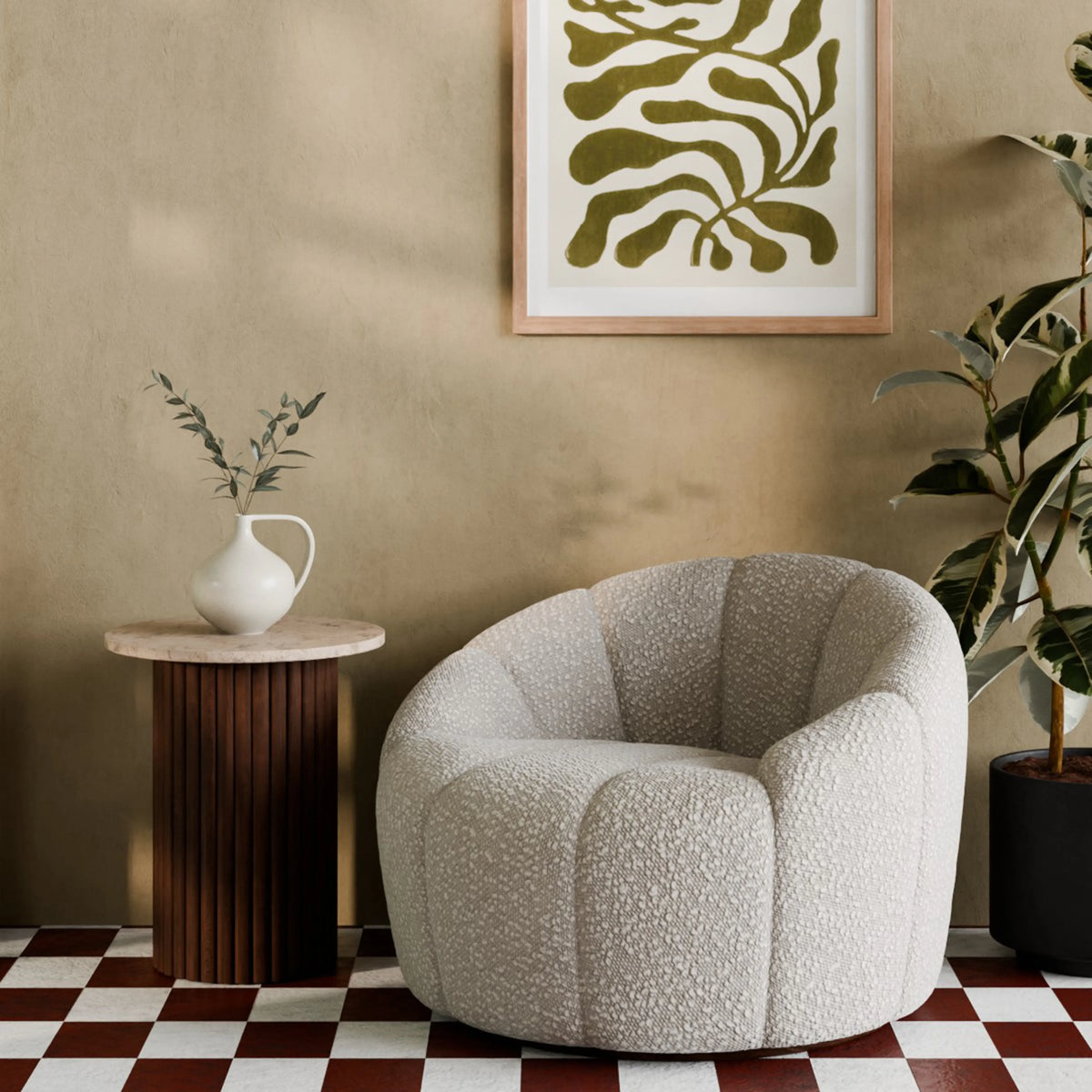Table d'Appoint Medby — Travertin & Noyer en situation