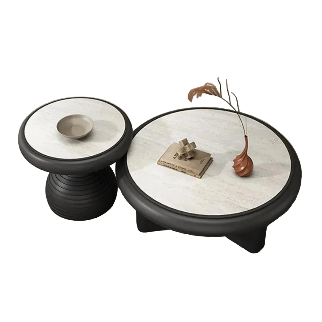 Duo Table Basse — Bois & Travertin