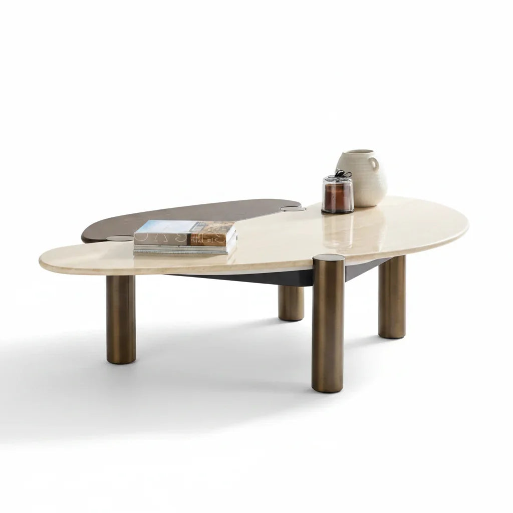 Table Basse — Travertin, Bois & Inox