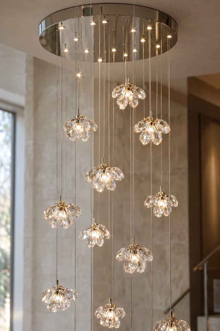 Lustre Ortensia — détail des fleurs de cristal