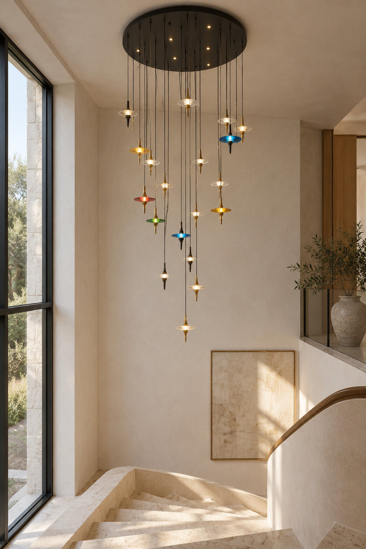 Lustre Saturno — Cascade de 25 disques de cristal