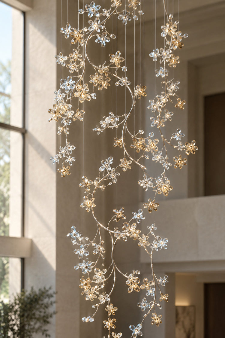 Lustre Vortice — détail des fleurs de cristal