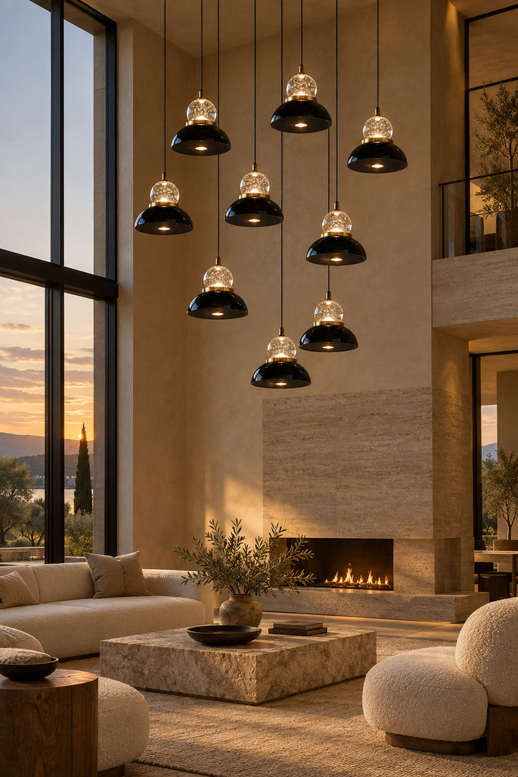 Composition de 10 suspensions Selene dans un salon en double hauteur